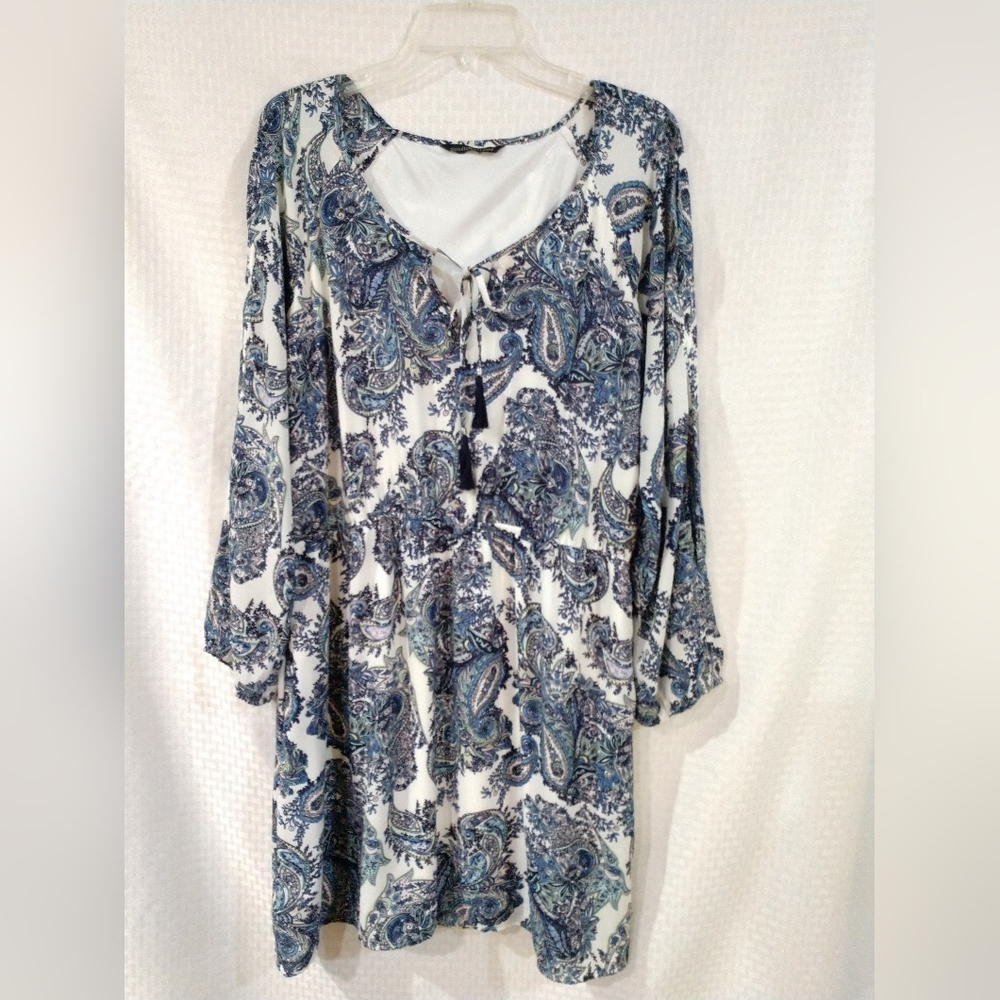Signature Studio Blue White Paisley Dress Tassel Tie Long Sleeve Cold Arm XL